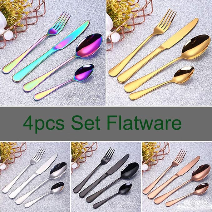 4pcs Set Cutlery Dinnerware 304 Stainless Steel Flatware Set Tableware Dinner Spoon Fork Knife Flatware Serving Sets (Multicolor)