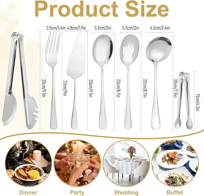 12Pcs Stainless Steel Serving Utensils Set, Silver Serving Utensils Set with Servings Spoon, Solted Spoons, Fork, Sugar Tongs, Food Tongs, Cake Spatula, Soup Spoon for Parties, Buffet(Silver)