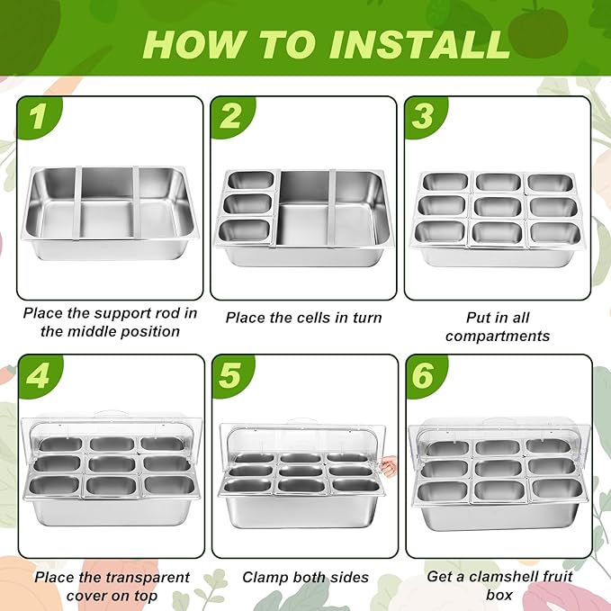 Tessco for you 16 Pcs Ice Food Spice Serving Display Countertop Chilled Condiment Container Set with Lid, Stainless Steel Salad Cold Caddy for Buffet Restaurant Kitchen Party(9 Compartments)