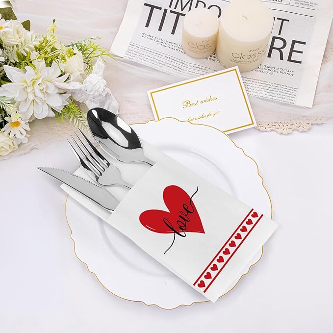 50 Pack Linen-Feel Paper Napkins with Built-in Flatware Pocket, Prefolded Cloth Like Disposable Dinner Napkins Pocket for Kitchen Wedding Bridal Shower Birthday Party Decor (Valentine Love)