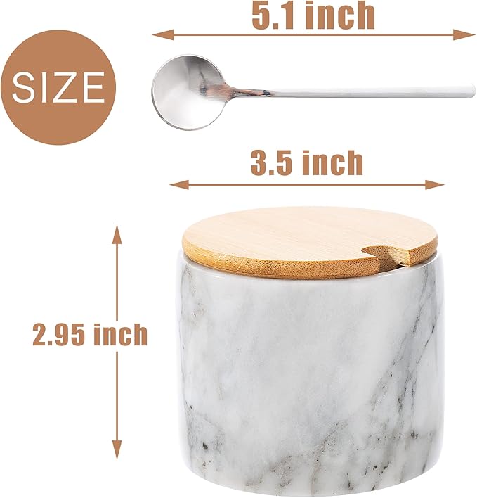Marble Sugar Bowl with Lid & Spoon, Sugar Container 11oz,Sugar Dispenser Handcrafted from Natural Marble, Smooth Inside (light white grey)