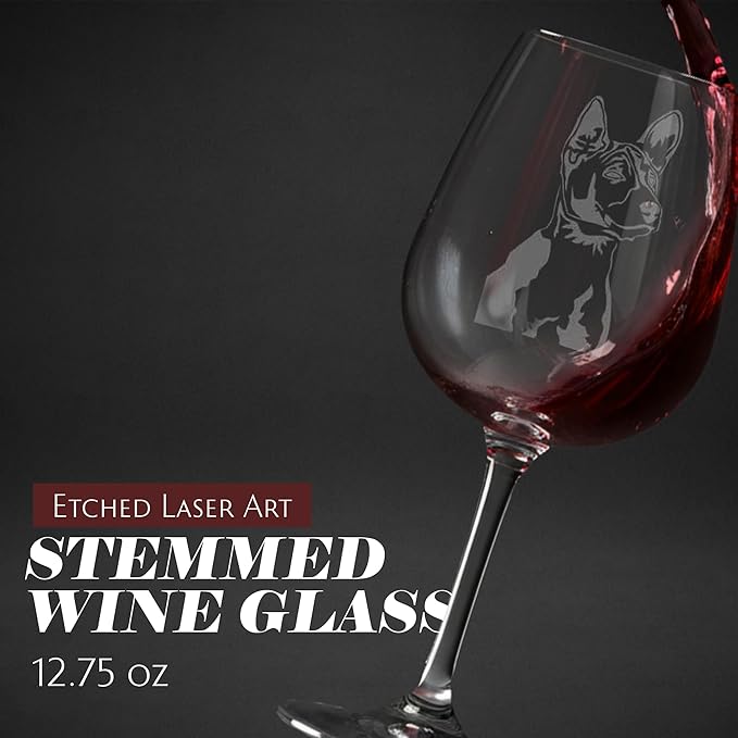 Etched Laser Art Basenji (Alternate) Personalized Dog Themed Etched 12.75oz Wine Glass Custom Dog Breed Wine Glasses, Ideal for Pet Lovers, Unique Birthday Gift for Men & Women, Personalized Gift