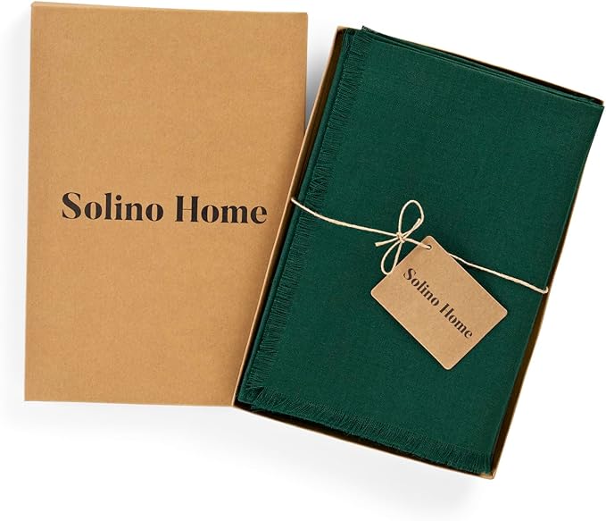 Solino Home Evergreen Linen Napkins Set of 4-100% Pure Linen Fringe Dinner Napkins 20 x 20 Inch for Christmas, Winter, New Year - Handcrafted and Machine Washable