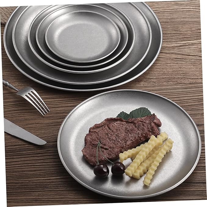 OUNONA Vintage Round BBQ Serving Tray Stainless Steel Snack Plate for Camping Picnics Household Use Versatile Food Dish for Snacks Fruits and Fried Foods