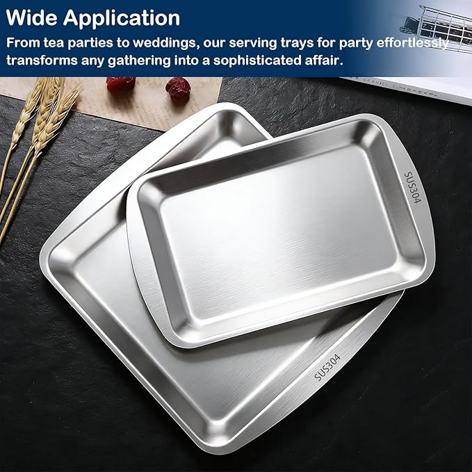 Silver Serving Tray, 304 Stainless Steel Rectangle Plates for Food, Metal Tray for Bathroom Vanity Jewelry and Serving, 9.2x5.7Inch