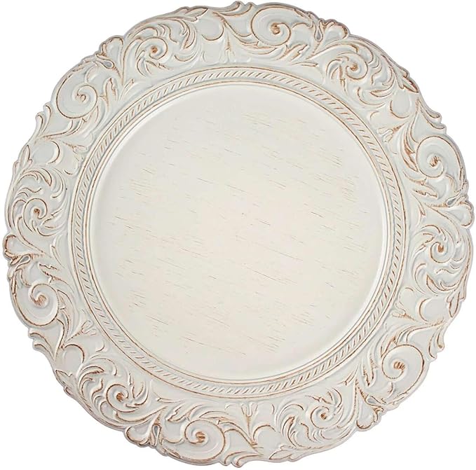 Efavormart Set of 6 Antique White/Gold 14" Round Plastic Charger Plates With Engraved Baroque Design Rim For Wedding Party Events