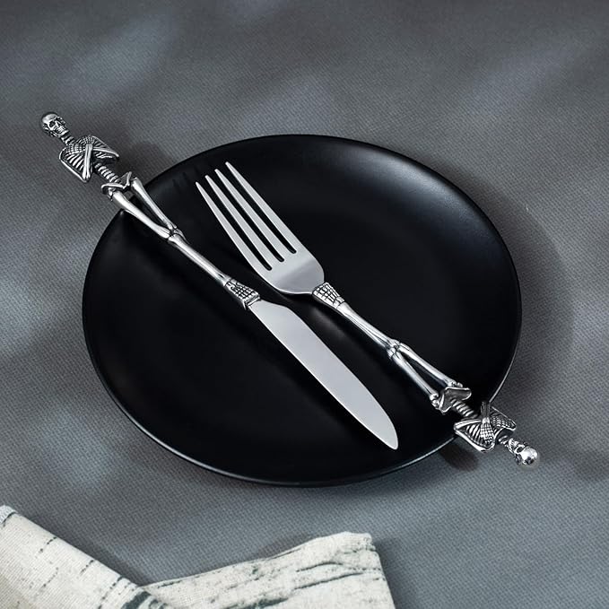 HZMAN Gothic Skull Flatware: Dinner Knife, Dinner Fork, Soup Spoon & 3-Piece Place Setting, Stainless Steel Cutlery Set for Home Kitchen, Halloween Table Decor