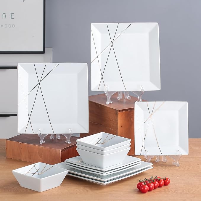 DOMINI 12-Piece Kitchen Dinnerware Set, Service for 4, Porcelain Dishes Dinner Set, Square Dinnerware Sets with Dinner Plates, Dessert Plates and Pasta Bowls,White gold line