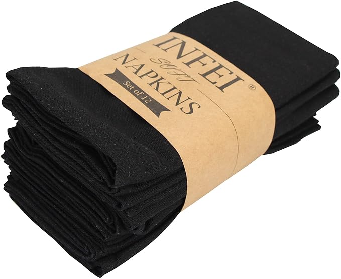 Solid Color Linen Blended Thin Dinner Cloth Napkins - Set of 12 (40 x 40 cm) - for Halloween Events & Home Use (Black)