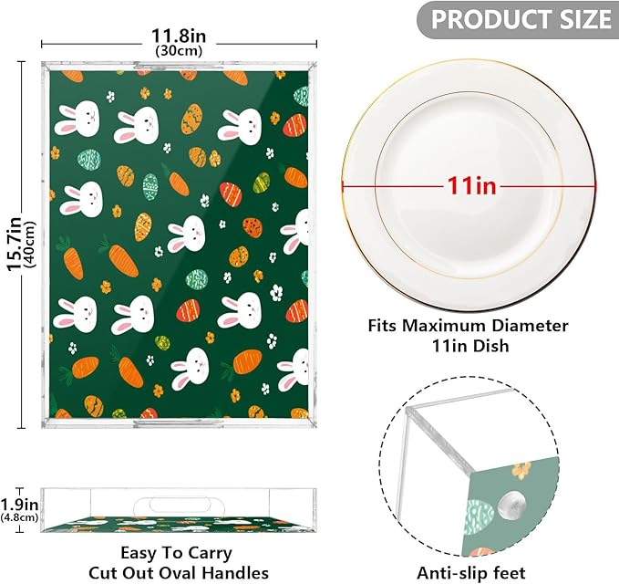Serving Tray with Handles Clear Acrylic Tray 12x16 Inch Decorative Rectangular Tray Organizer for Ottoman Coffee Table Bathroom Deep Green Easter Rabbit Eggs Carrots