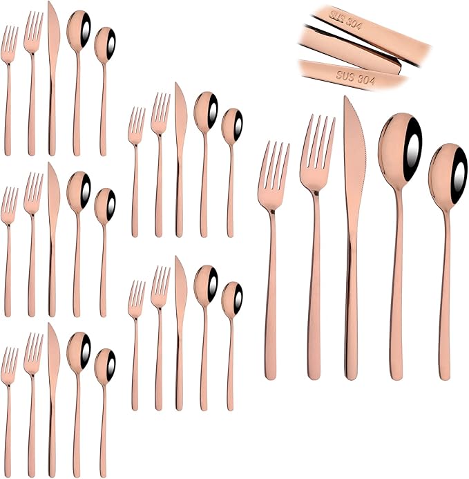 Knives and Forks Set Flatware Set Korean Silverware SUS304 Stainless Steel Kitchen Dinnerware Portable Utensils for Home, Camping Restaurant Christmas Gift - Rose Gold