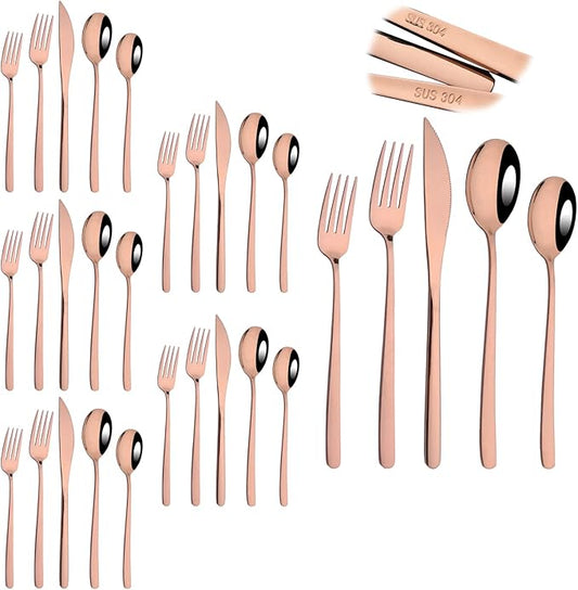 Knives and Forks Set Flatware Set Korean Silverware SUS304 Stainless Steel Kitchen Dinnerware Portable Utensils for Home, Camping Restaurant Christmas Gift - Rose Gold