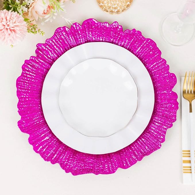 13" Charger Plates - Set of 12 - Acrylic Fuchsia Round Reef Disposable Chargers, Ideal for Dinner Party Wedding Holiday Bulk Events