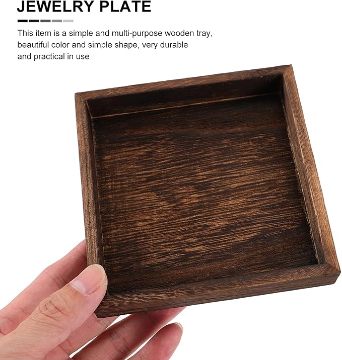 DOITOOL Wooden Jewelry Tray Set of Two Small Solid Wood Vanity Organizer Retro Jewelry Storage Holder for Desktop Decor