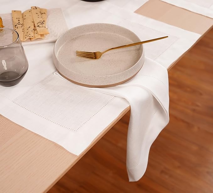 Home Ekaa 100% Pure Linen White Napkins 20 x 20 Inch - Washable Hemstitch Cloth Dinner Napkins Set of 4 - for Christmas, Fall, Winter, Holiday & New Year - Elara