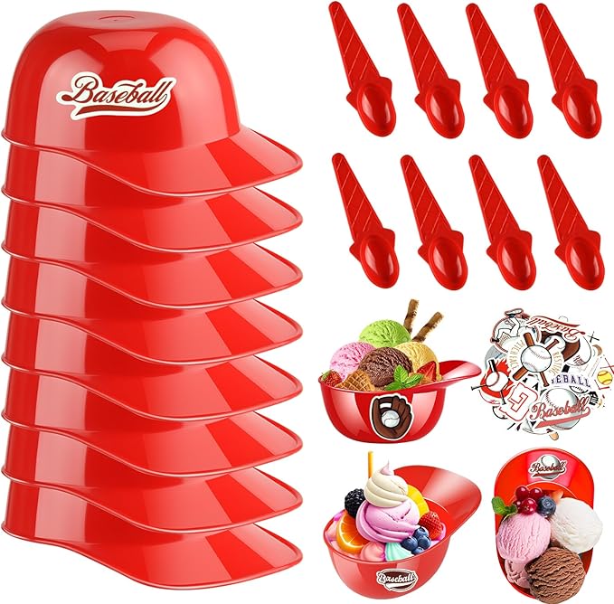 MEEZY 16 Set Baseball Helmet Ice Cream Bowls with 8 Mini Dessert Cups and 8 Spoons, 8oz Reusable Baseball Cap Snack Dessert Cup Bowls Baseball Party Favors for Kids Sports Birthday Party Supplies