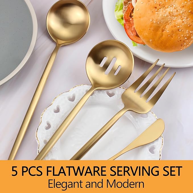 Gold Stainless Steel Serving Utensils Set, 5 Pcs - 10.8 Inch Serving Fork, 10.3 Inch Slotted Spoon, Sugar Spoon, Butter Knife for Buffet
