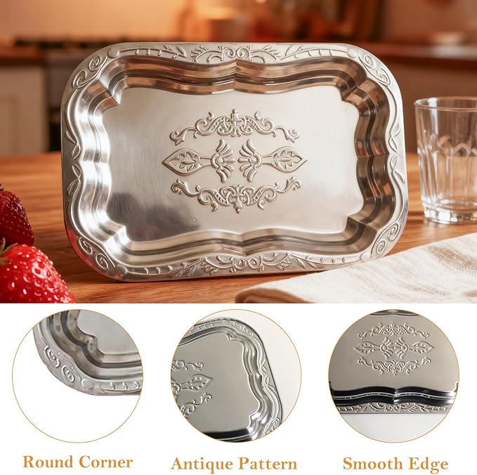 Stainless Steel Mirror Tray - Silver Engraved Decorative Serving Tray with Floral Pattern, Ideal for Party Desserts, Snacks, Drinks, and Holiday Table Display