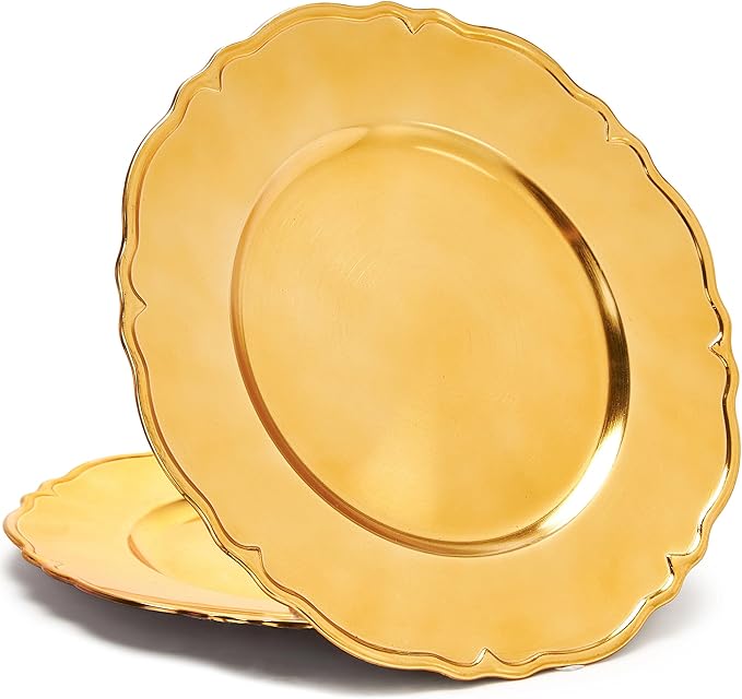 12 PCS Bulk Gold Charger Plates 13 Inch, Round Plastic Event Chargers for Dinner Plates, Elegant Table Decor for Wedding Reception, Birthday, Anniversary Celebrations