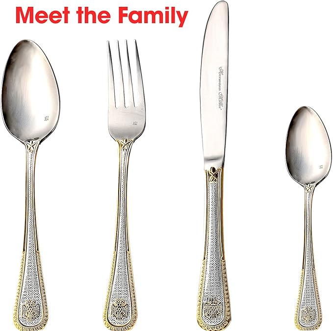 Royal Family Collection 72 Piece Fine Flatware Silverware Set with Gift Carrying Case, Elegant Design, Serves Parties 12 people, Perfect Housewarming Graduation for Loved Ones, Gold