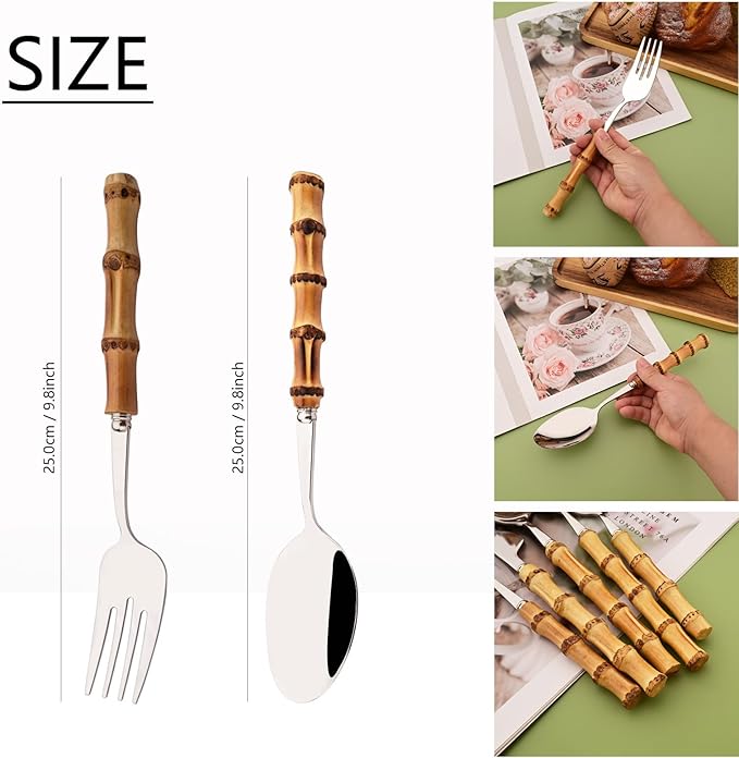 Mirror Polished Silverware Set - Bamboo Handle Cutlery Set - Stainless Steel Flatware Serving Set for Home Restaurant Wedding and Parties - 4 Pieces Serving Utensils