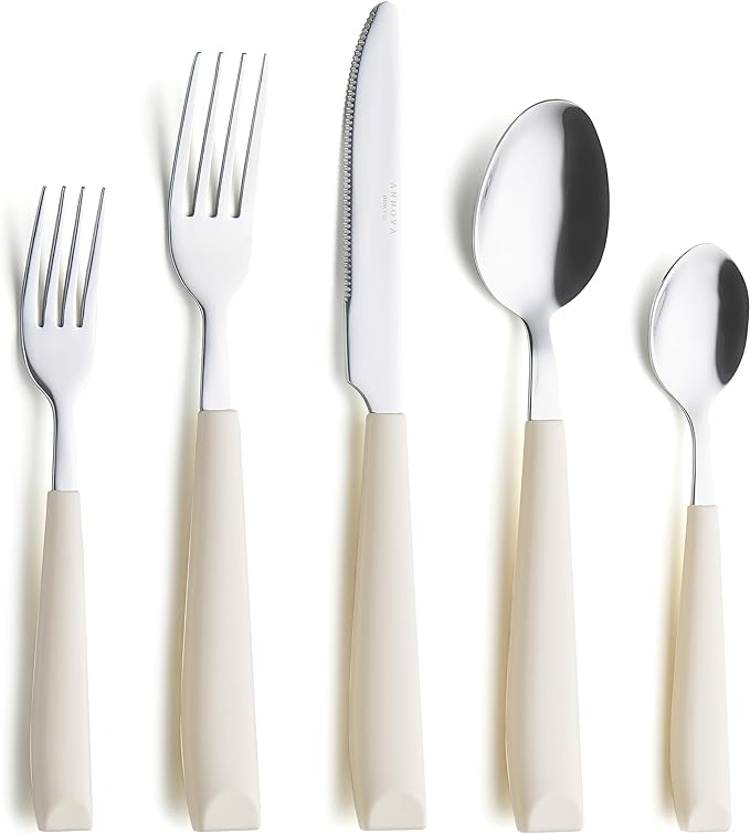 ANNOVA Silverware Set Stainless Steel Colorful Handle Tableware Kitchen Flatware Set Utensils, Includes Dinner Knives, Forks, Spoons, Salad Forks & Dessert Spoons (Cream, 20 Pieces)