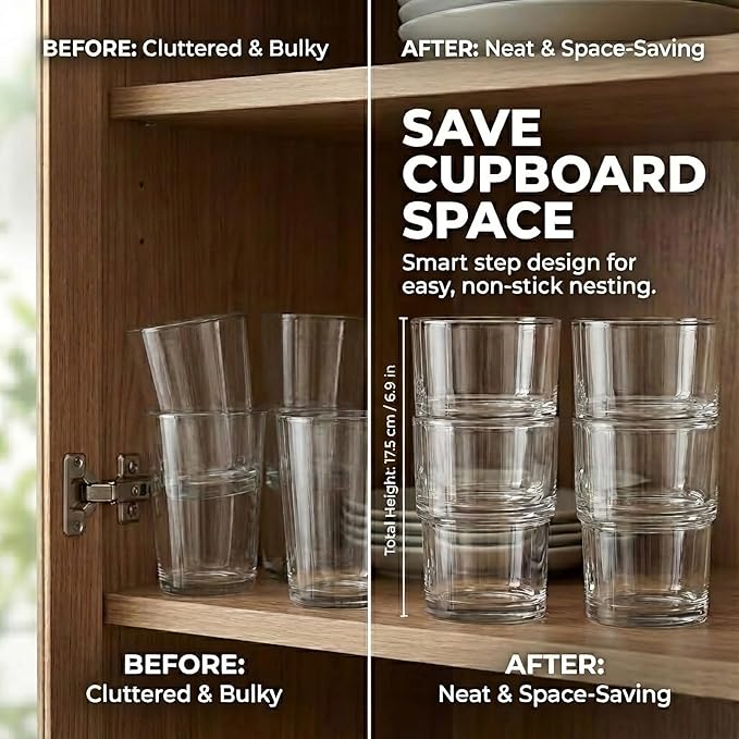 BenRain Stackable Drinking Glasses (Set of 6) – 13oz Clear Glass Cups for Iced Coffee, Juice & Beer – Modern Space Saving Highball Tumblers with Smart Non-Stick Design – Heavy Base & Dishwasher Safe