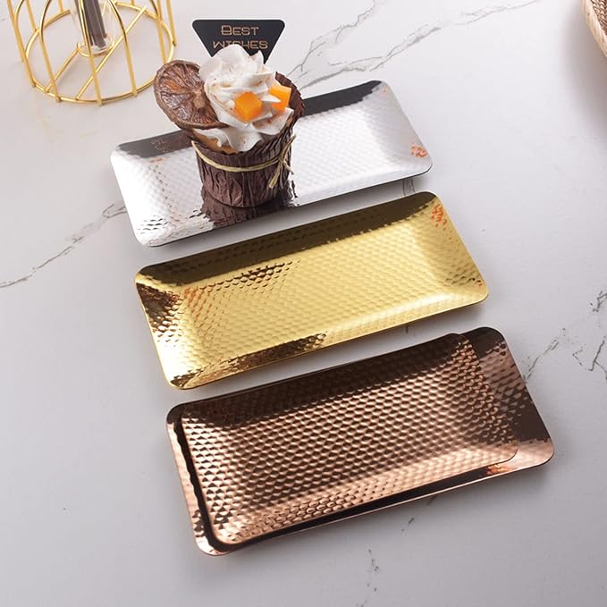 VINGVO Metal Tray, Rectangular Tray Stainless Steel Serving Tray Metal Serving Tray Hammered Tray for Living Room Bedroom Kitchen Bathroom 3.7 X 7.7in (Silver)