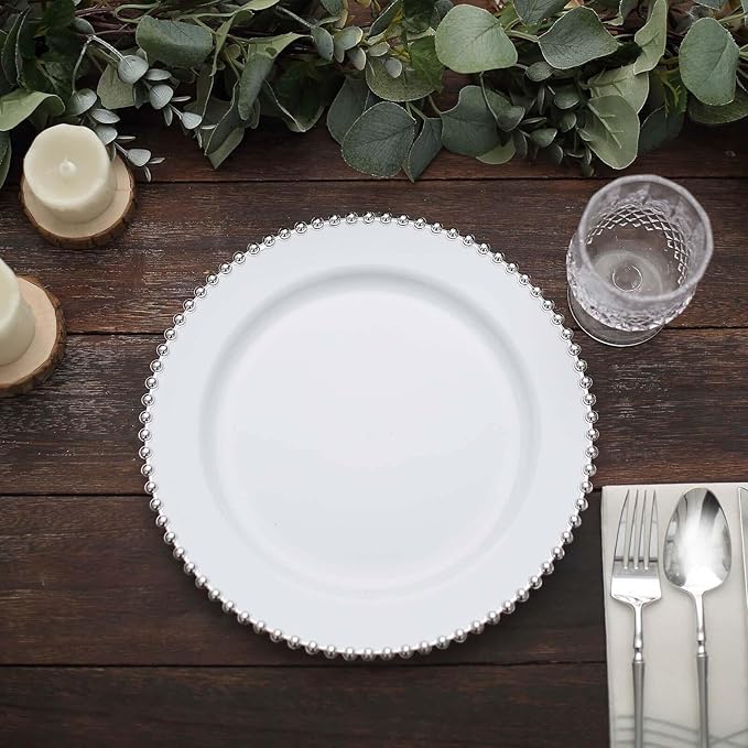 10" Dinner Plates - Set of 20 - Plastic White/Silver Round Disposable Plate Beaded Rim, Ideal for Decoration Party Wedding Bulk Events