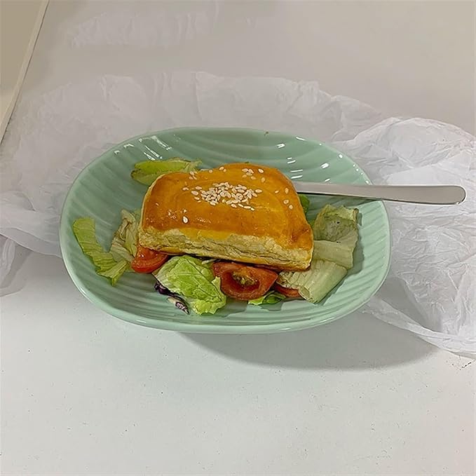 Kitchen Plates Mint Green Dinner Plate Striped Ceramic Plate Oval Dinner Plate Appetizer Plate Fruit Snack Salad Plate Deep Plate Restaurant Plates