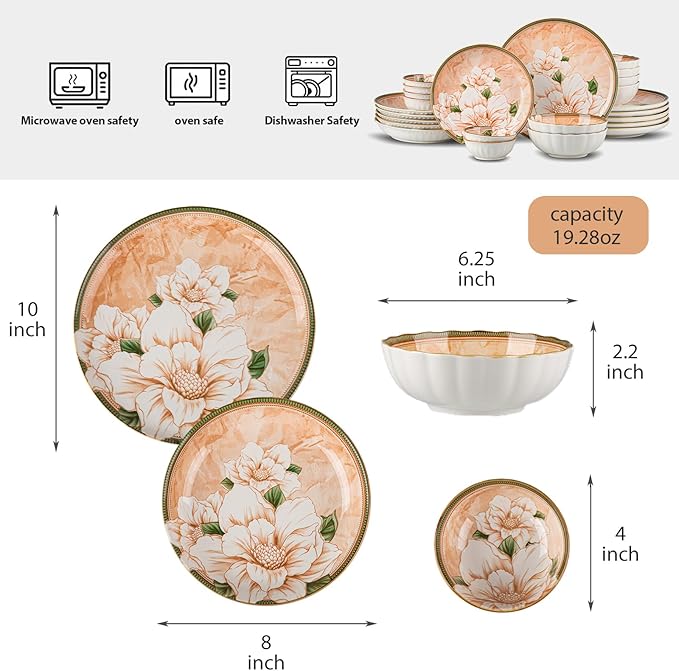 Plates and Bowls Sets for 6, 24-Piece Dinnerware Set Ceramic, Dish Sets for 6 with Camellia Floral Pattern, Microwave & Dishwasher Safe for Everyday Use & Gift Giving