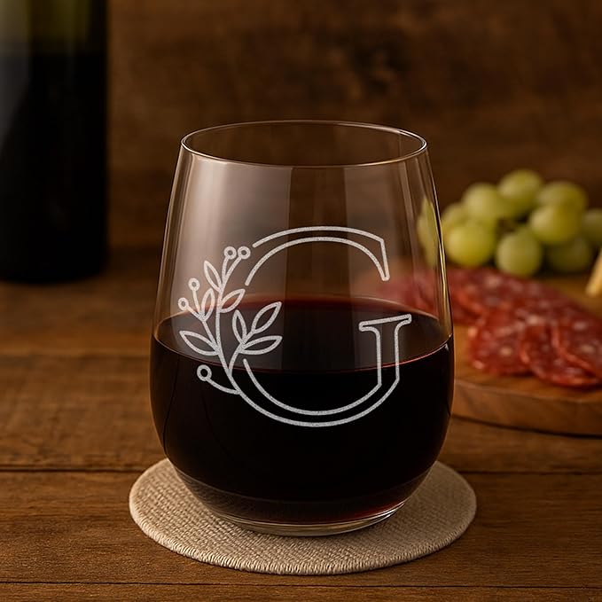 On The Rox Drinks Monogrammed Gifts For Women and Men - Letter A-Z Initial Engraved Monogram Stemless Wine Glass - 17 Oz Personalized Wine Gifts For Women and Men (G)