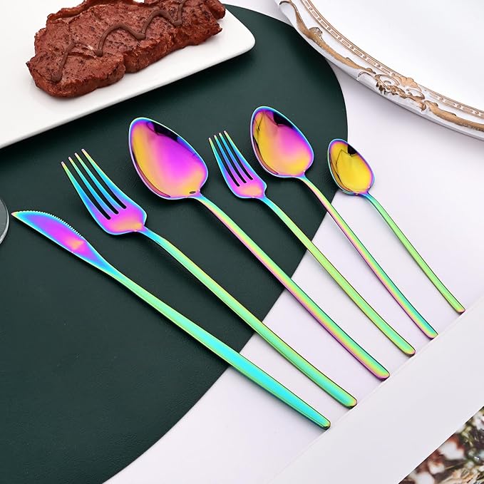 36-piece Rainbow 18/10 Stainless Steel Flatware Set, Resuable Cutlery Set For 6, Complete Tableware Set For Home Restaurant Wedding Party Daily Meal, Mirror Polish