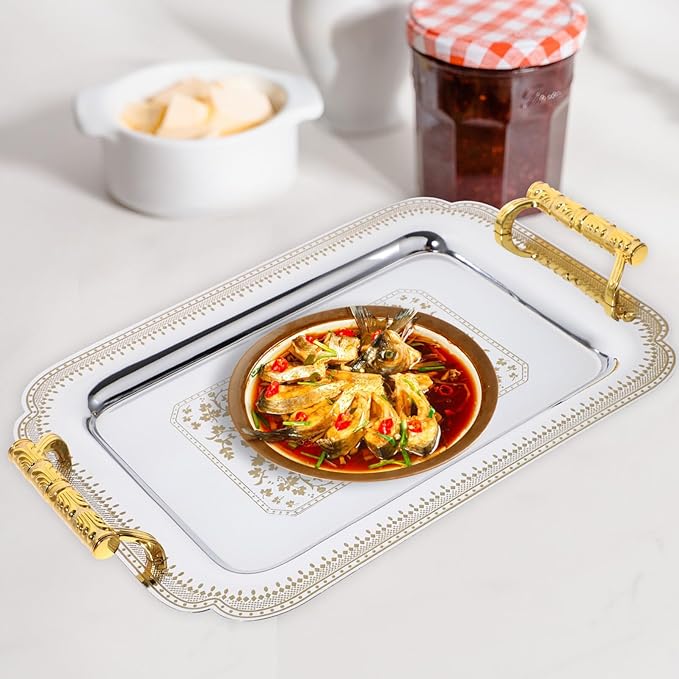 Cabilock Serving Trays with Handles, Serving Platter Set with Floral Pattern, Decorative Serving Food Tray Dessert Tray for Home, Party, Christmas