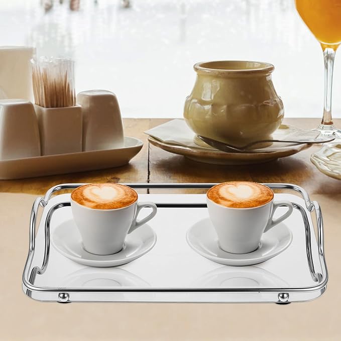 Rectangular Stainless Steel Serving Tray with Handles Small Silver Mirror Finish Food Tray for Beverage and Dinner 1pcs Sturdy for Household and Entertaining