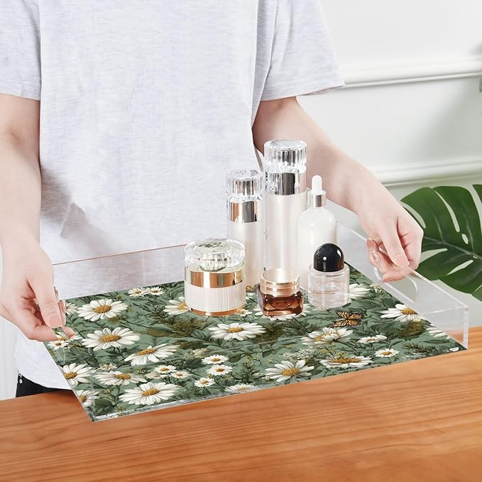 Serving Tray with Handles Clear Acrylic Tray 12x16 Inch Decorative Rectangular Tray Organizer for Ottoman Coffee Table Bathroom Summer Daisy Butterfly Green