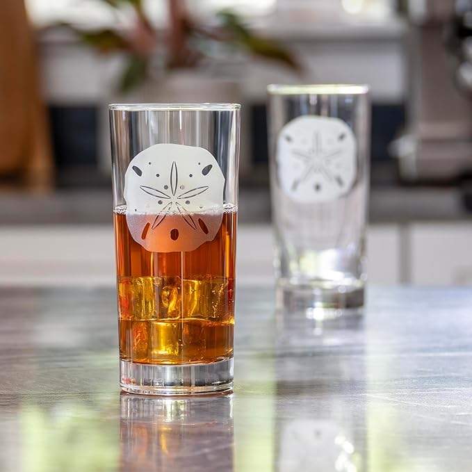 Rolf Glass Sand Dollar Highball Glass 15 ounce | Set of 4 Cooler Glasses | Lead-Free Glass | Engraved Drinking Glass with Heavy Base | Proudly Made in the USA