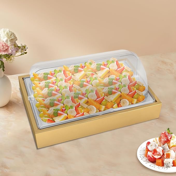 Dual Compartment Ice Food Serving Display Tray, 3.17Qt Stainless Steel Buffet Cold Platter with Clear Lid & Reusable Ice Box, for Party Wedding Restaurant - Gold (Gold-2)