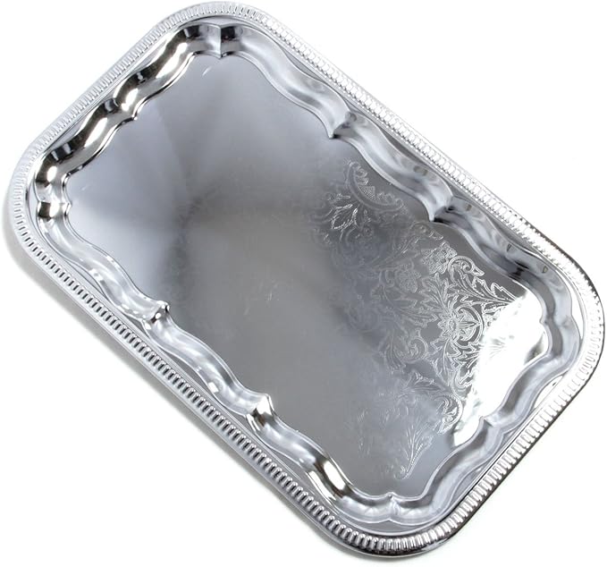 (Pack of 4) 20.9" x 12.8" Traditional Rectangular Trim Floral Pattern Engraved Catering Chrome Plated Serving Plate Mirror Tray Platter Tableware Holiday Party Serving (Large) T227L-4PK