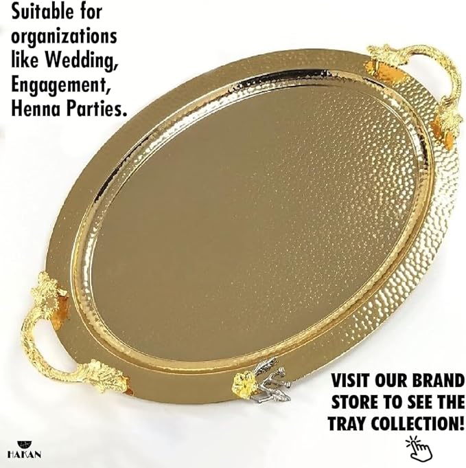 Ornamental Big Oval Gold Serving Tray with Leaf Handles, Anti Tarnish Serving Tray, Hammered Design Service Tray, Large, 19.6" x 13", Gold, Silver (Gold)