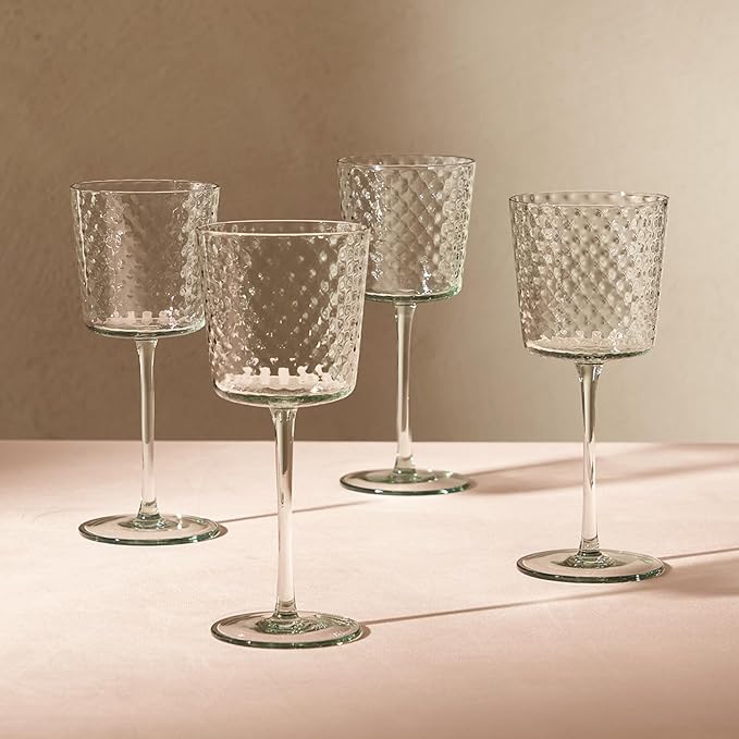 mopio Adore Beaded Wine Glasses Set of 4, 10 oz, Dishwasher Safe, Trendy Barware for Wedding, Party and Brunch, Elegant Drinkware Gifts in Eco-Friendly Packaging, Soda-Lime Glass (Greenish-blue)