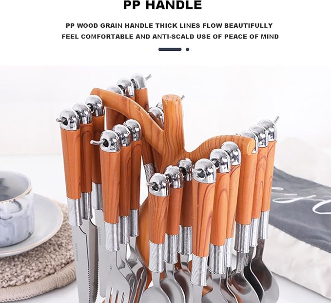 24-Piece Silverware,Service for 6，Woodgrain 410 Stainless Steel Portable Serving Set,Well Made，Ergonomic，Durable，Family Gatherings，Picnic，Everyday Household，Mirror Finish, Gift Box