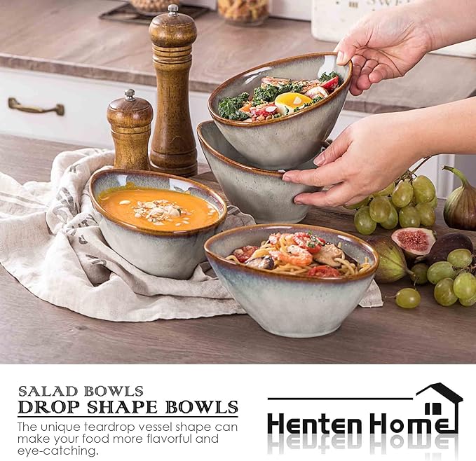 Henten Home Ceramic 20 oz Salad Bowls Set, Slanted Snack Bowl Set of 4, Porcelain Serving Bowls for Soup, Dessert, Microwave & Dishwasher Safe, Reactive Glaze (White)