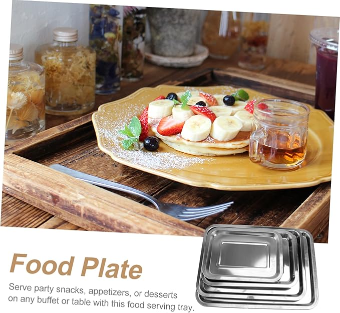 4pcs Stainless Steel Serving Tray Silver Food Plate Snack Plate Decorative Trays for Home Restaurant Clean Fruit Bread Cake