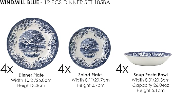 TUDOR ROYAL 12-Piece Porcelain Round Dinnerware Set, Service for 4, WINDMILL BLUE Design, Blue Floral, Plates Bowls Dishes, Premium Quality Tableware, Unique Pattern, Glossy