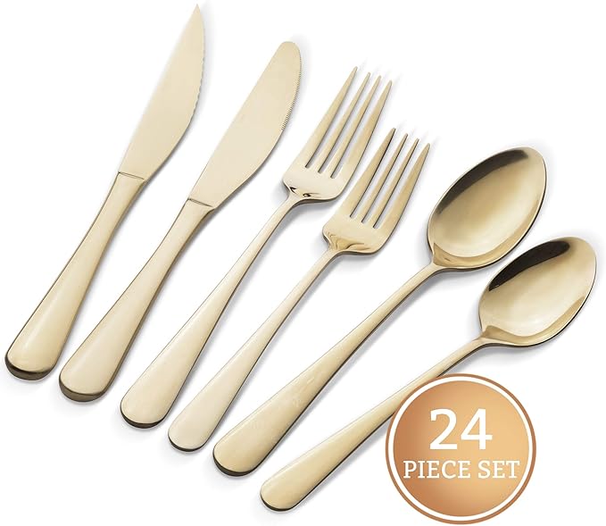 EVOLVE 18/8 Stainless Steel Silverware Set for 4 - Complete 24 Piece Flatware Cutlery Set - Elegant and Ergonomic Design- Dishwasher Safe -Stylish & Mirror Finish, Rust-Proof Utensil Sets. (Champagne)