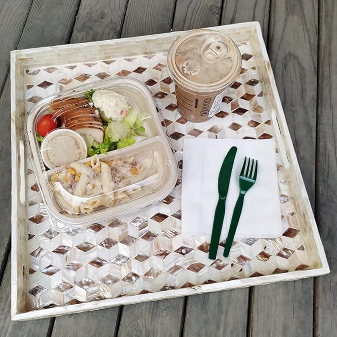 I-lan 18 Inch Mother of Pearl Square Serving Trays with Handles and 2”Wall, Large Brown Ottoman Tray with Rhombus Inlay Nacre, Decorative Lacquer Wooden Shell Tray for Food, Catering, Display,L