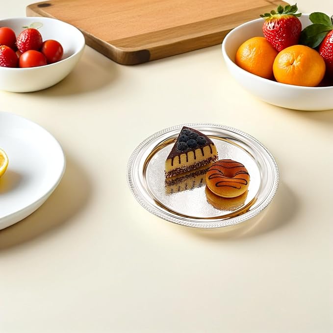 LUOZZY 2pcs Silver Metal Round Serving Tray for Dessert Cake Snacks Afternoon Tea Party