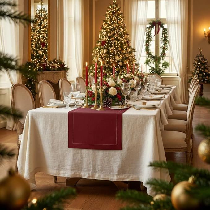 D'Moksha Homes Linen Dark Red Table Runner 132 Inches Long - 100% Pure Linen Extra Long Table Runner 14 x 132 Inch for Winter, Christmas, Holiday, New Year - Classic Hemstitch