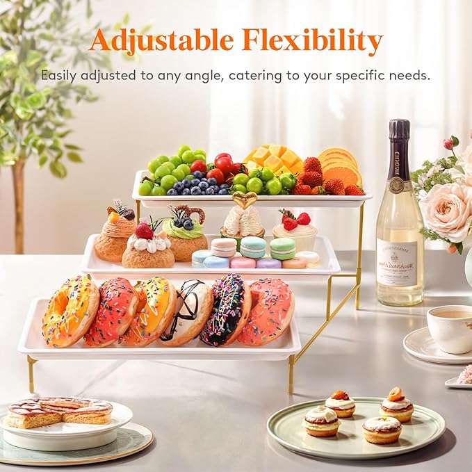 Lifewit 3 Tier Bamboo Serving Tray for Party Supplies, 14" x 6.5" Platters for Serving Food, Reusable Trays with Gold Metal Display Stand for Veggie, Fruit, Cookies, Dessert